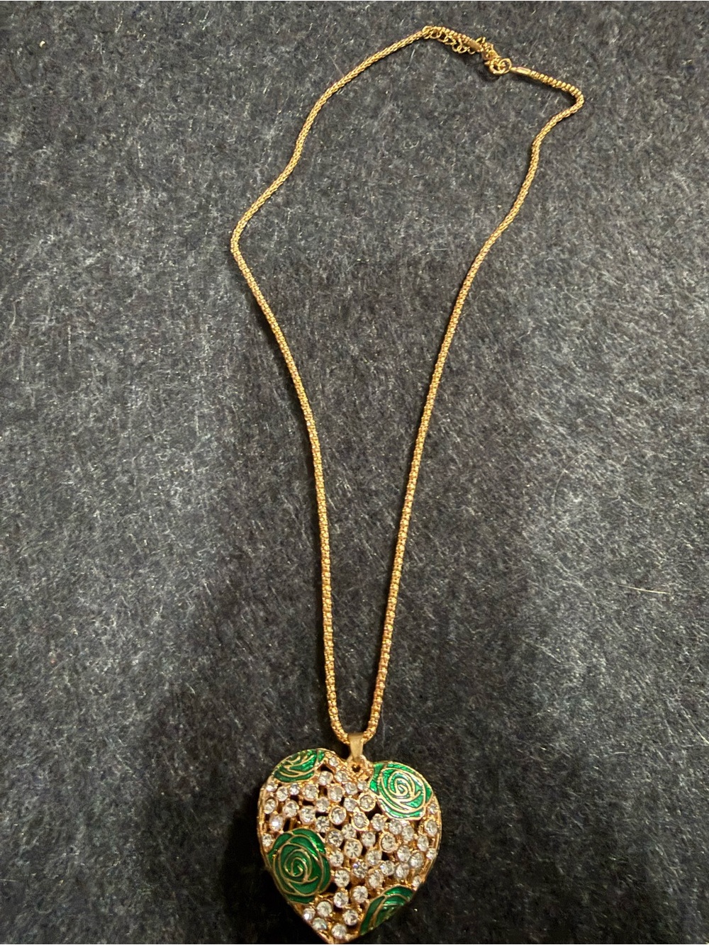 Gold-Tone Heart Pendant Necklace with Green Rose Accents